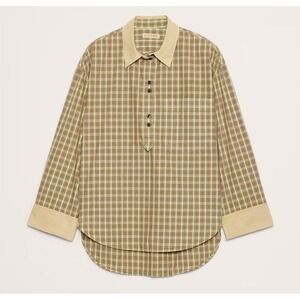 BANANA REPUBLIC Oversized Cotton Poplin Banker Shirt Plaid Blouse Preppy Tan M